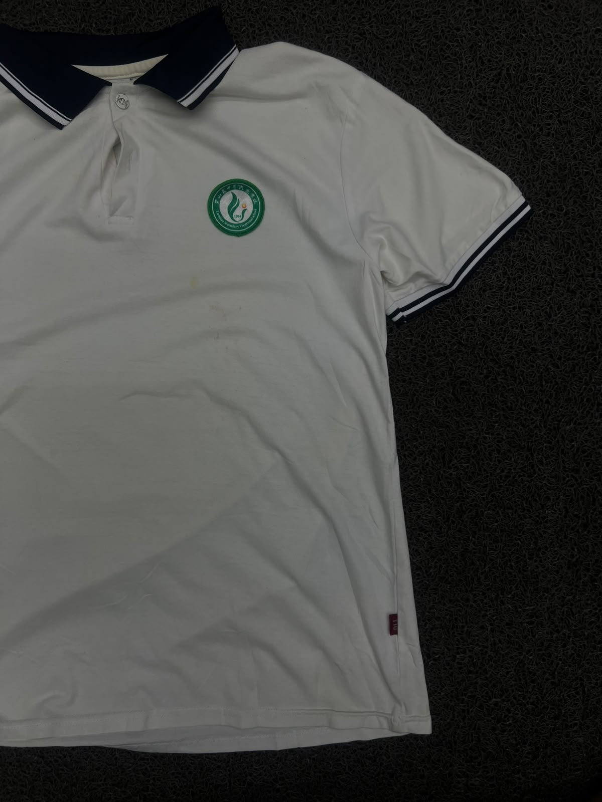 Polo T-Shirt with Contrast Striped Collar & Sleeve Trim ⚠️ Small Stains and Button Missing