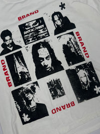 Graphic T-Shirt with Black Portrait Prints and Red Brand Text – Streetwear Style