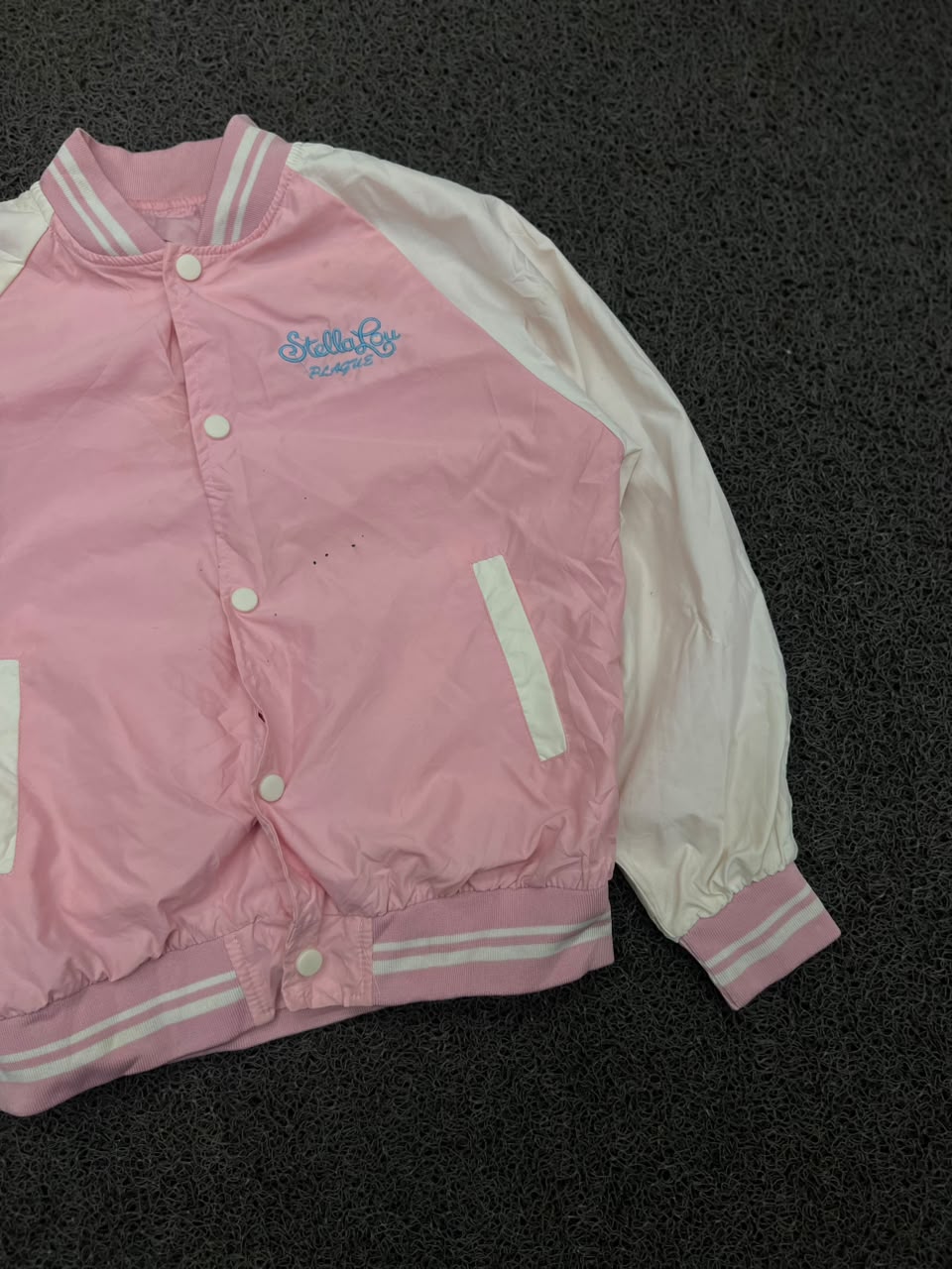 Pink & White Varsity Bomber Jacket – Snap Button Casual Baseball Jacket