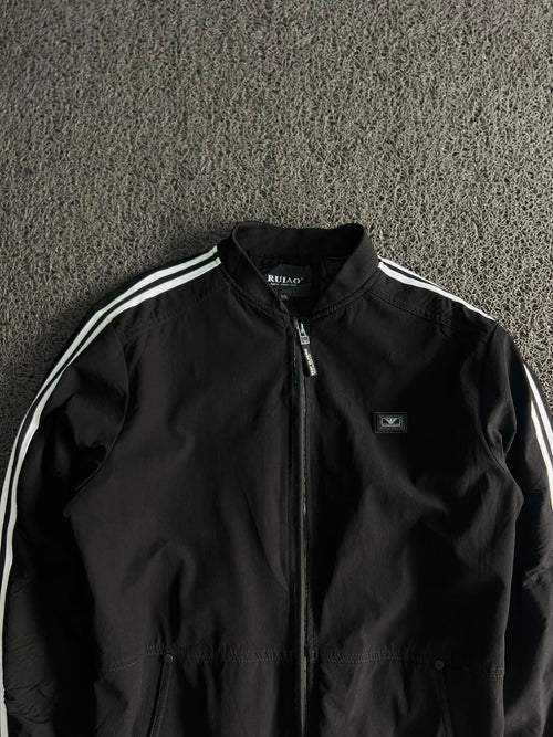 RUIAO Black Stripe Track Jacket – Full Zip Casual Bomber | Black/White