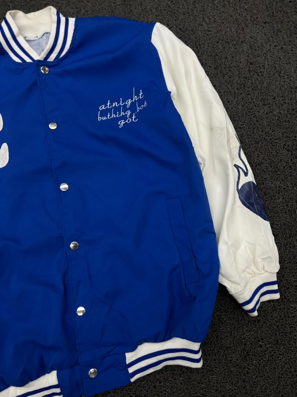 Blue & White Varsity Letterman Jacket – Snap Button Casual Bomber Coat