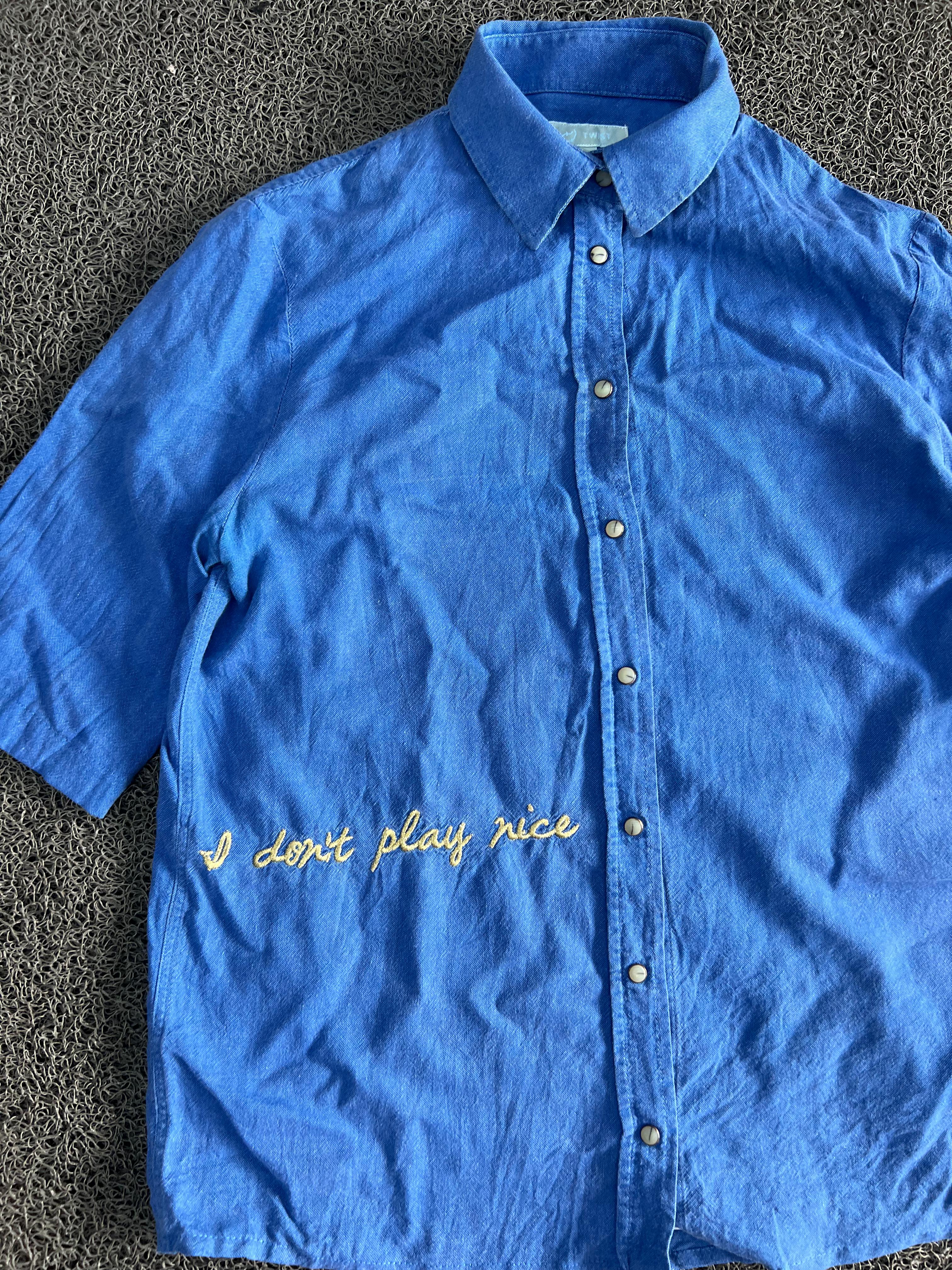 Vintage Thrift Royal Blue "I Don't Play Nice" Embroidered Short Sleeve Button-Up Shirt