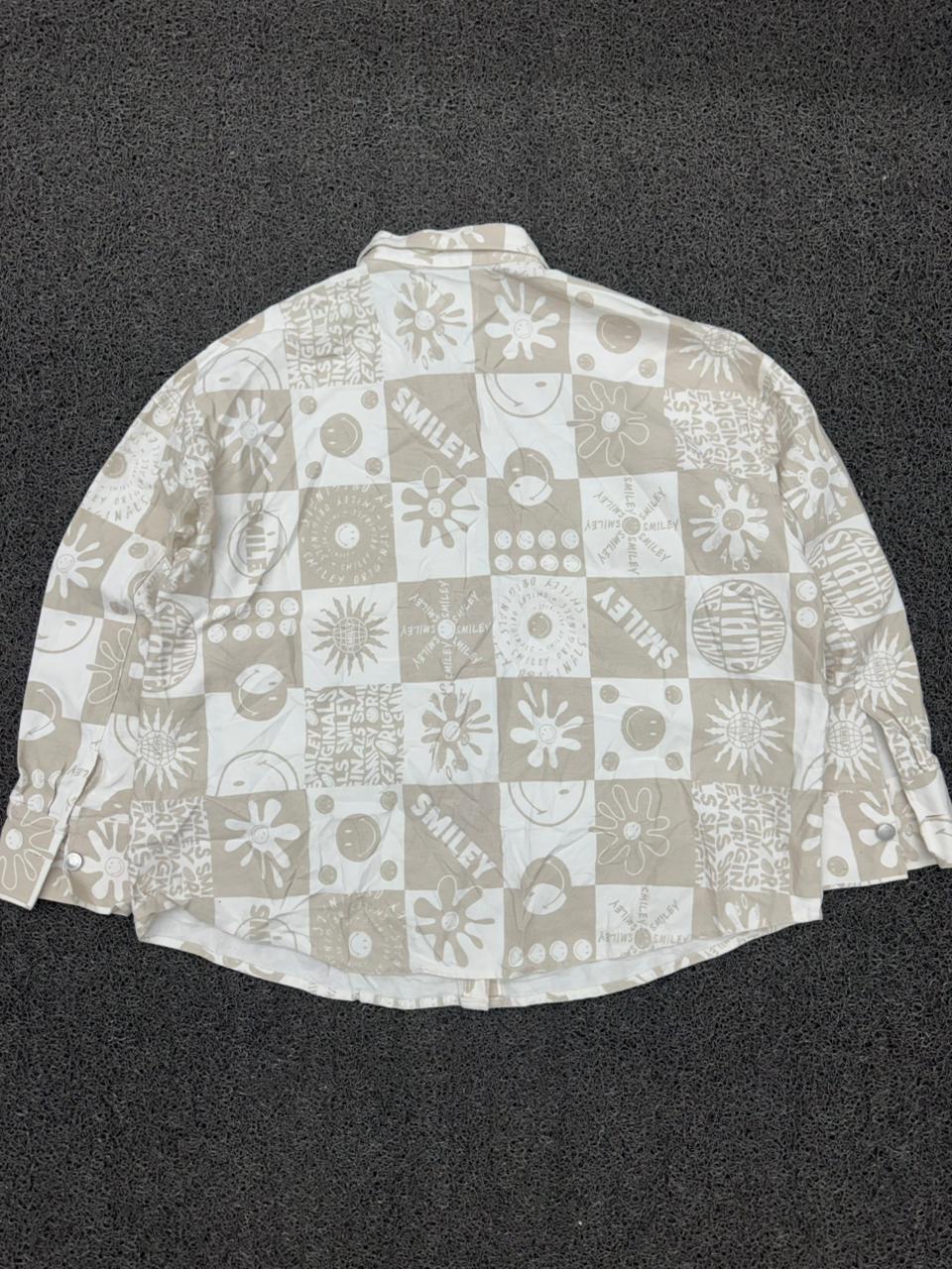 Smiley Print Checkered Oversized Shirt in Beige ⚠️ Small Stains