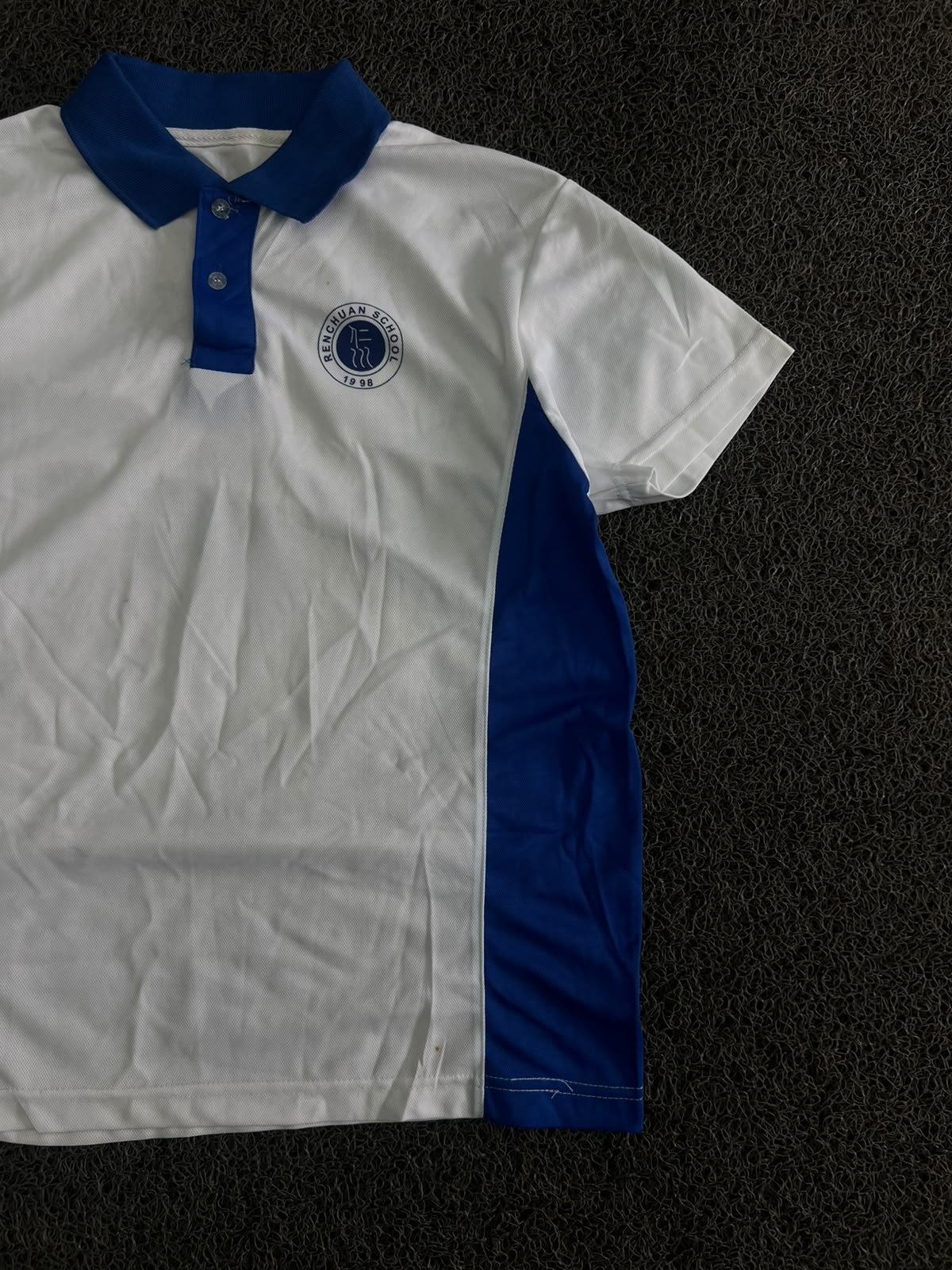 White & Blue Contrast Panel Polo T-Shirt with School Logo – Short Sleeve
