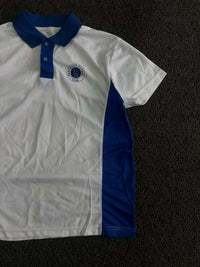 White & Blue Contrast Panel Polo T-Shirt with School Logo – Short Sleeve