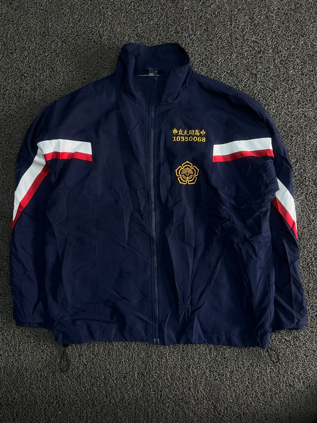 Navy Blue Vintage Racing Track Jacket with Red & White Stripe Detail