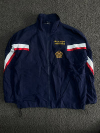 Navy Blue Vintage Racing Track Jacket with Red & White Stripe Detail