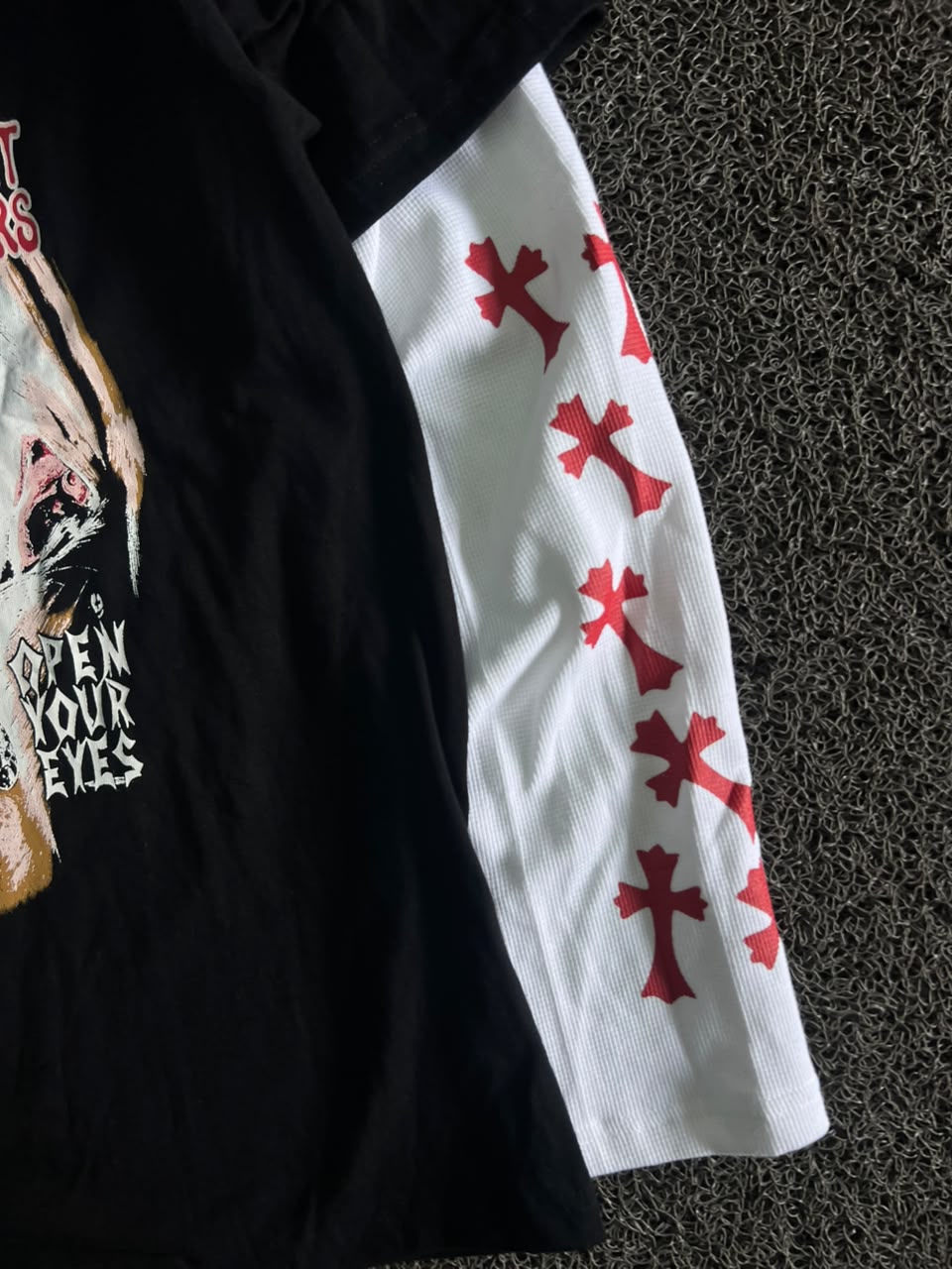 Black Graphic T-Shirt with White Long Sleeves & Red Print
