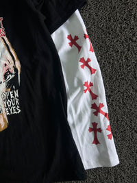 Black Graphic T-Shirt with White Long Sleeves & Red Print