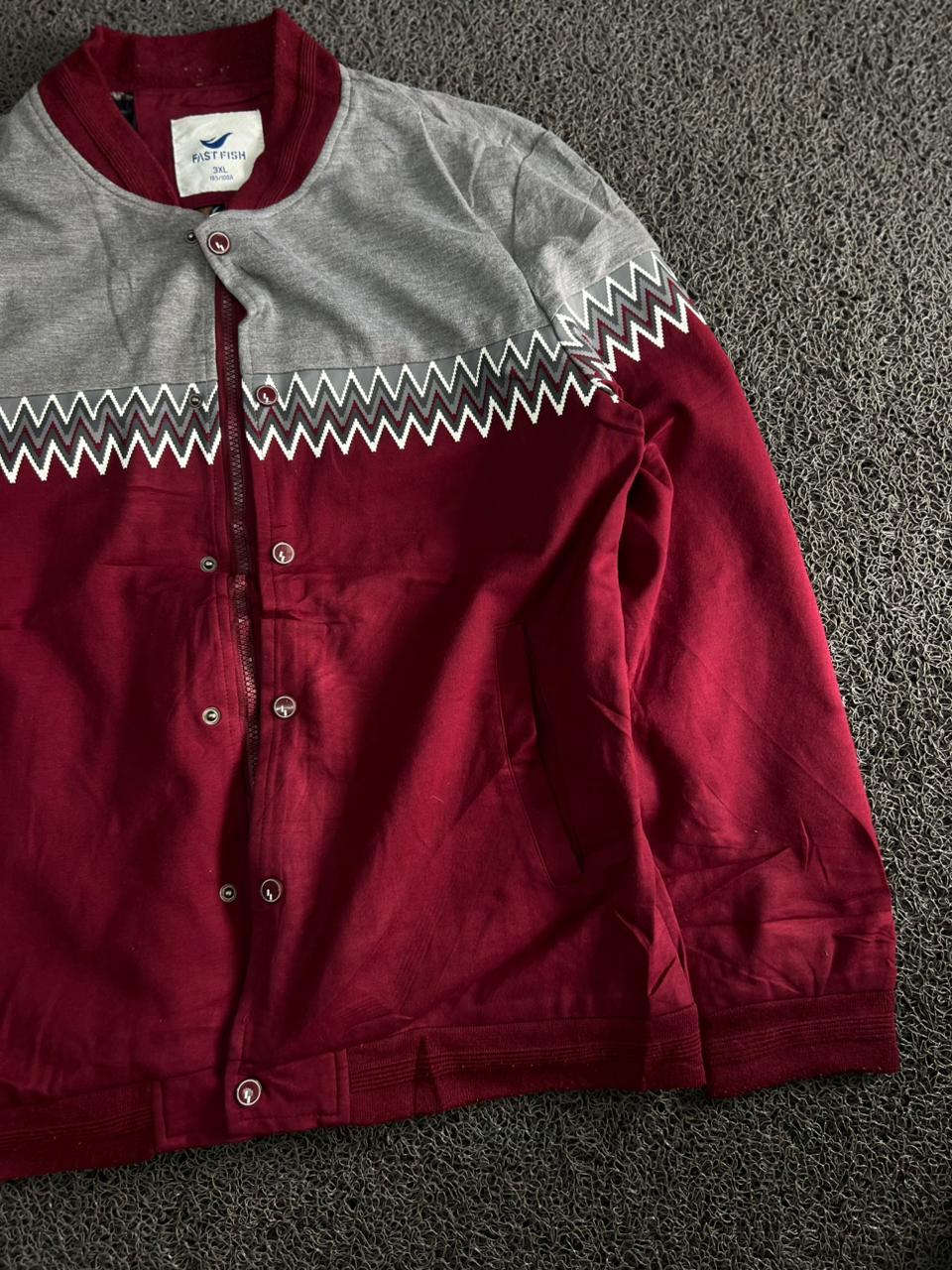 Men's Maroon & Grey Zigzag Pattern Casual Bomber Jacket – Snap Button Front