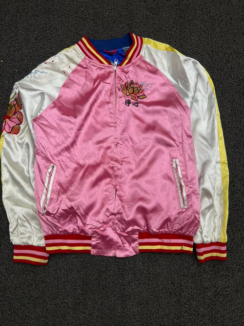 Reversible Pink & Blue Embroidered Bomber Jacket – Floral & Dragon Print | Unisex Streetwear