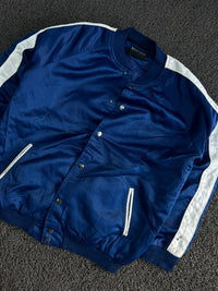 Men’s Royal Blue Satin Varsity Bomber Jacket with White Striped Sleeves