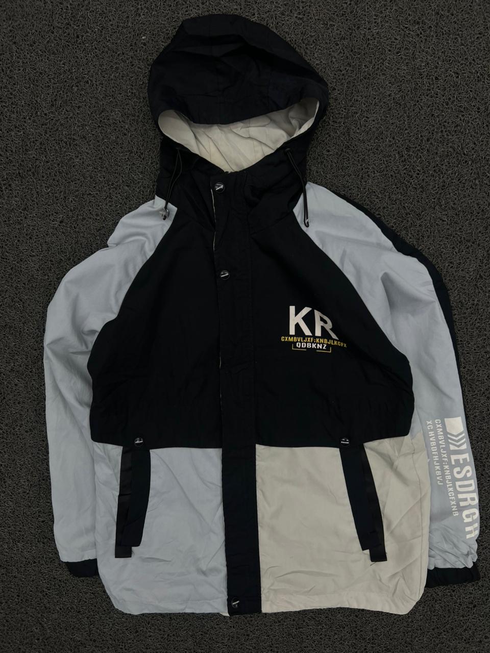 KR Color Block Hooded Windbreaker Jacket – Black & White Streetwear Lightweight Jacket