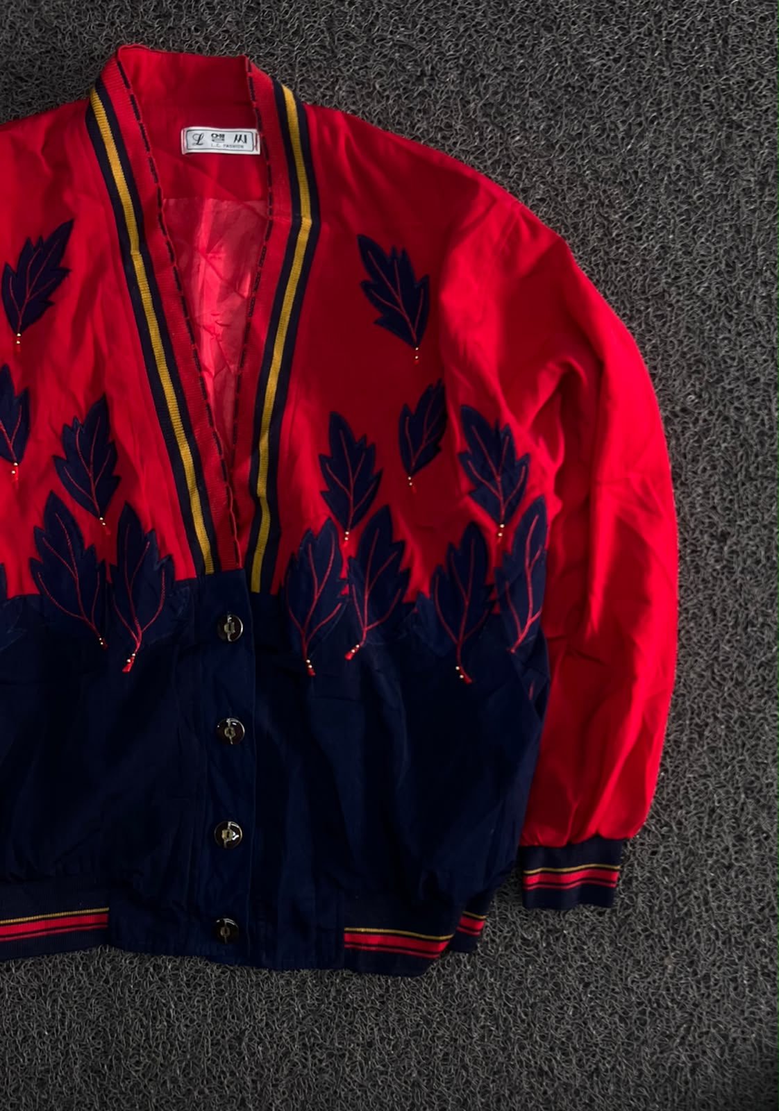 Red & Navy Leaf Pattern Varsity Jacket