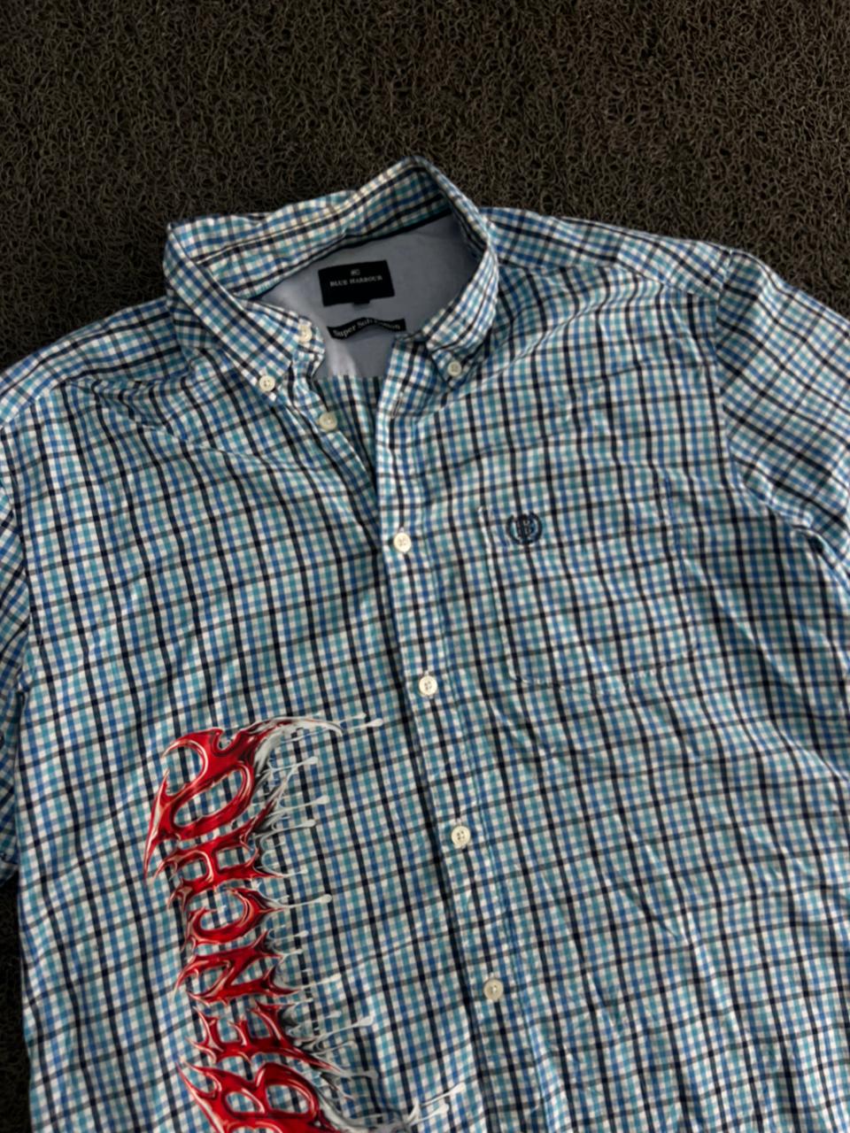 Thrifted Marc O'Polo Blue Check Short Sleeve Button-Up Shirt
