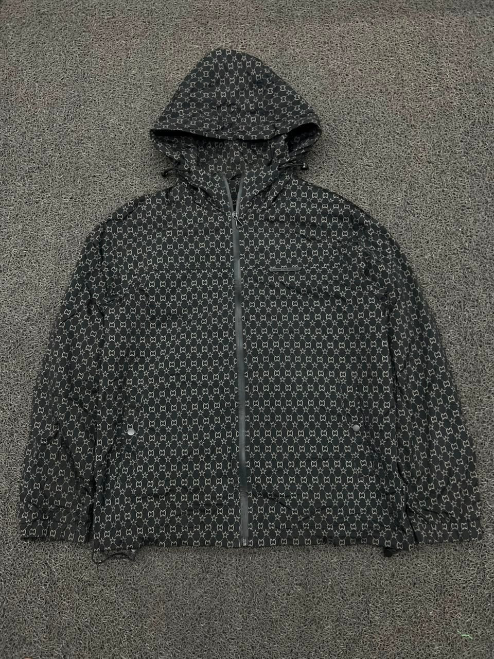 Black Monogram Print Hooded Windbreaker Jacket – Full Zip Lightweight Streetwear