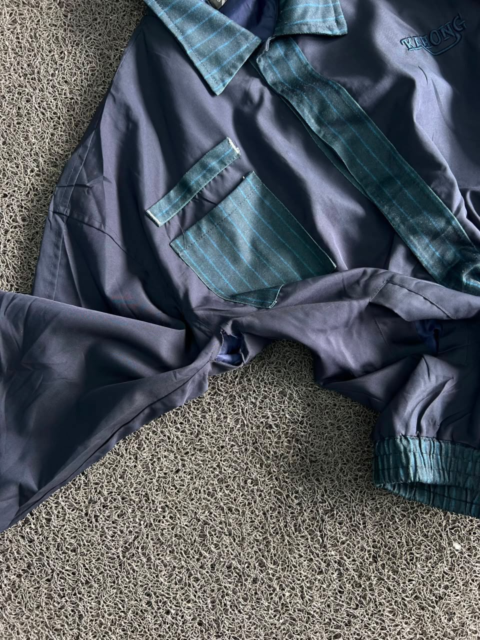 KAHONG Navy Plaid Trim Bomber Jacket ⚠️ Small Damage