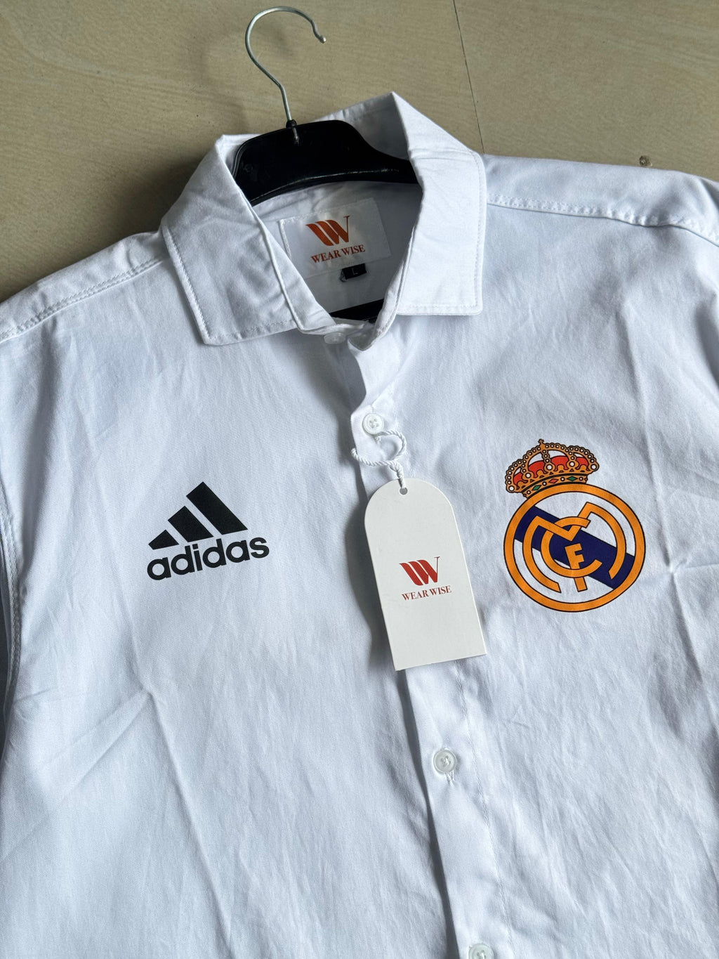 Real Madrid White Short Sleeve Button-Up Shirt with Adidas Logo