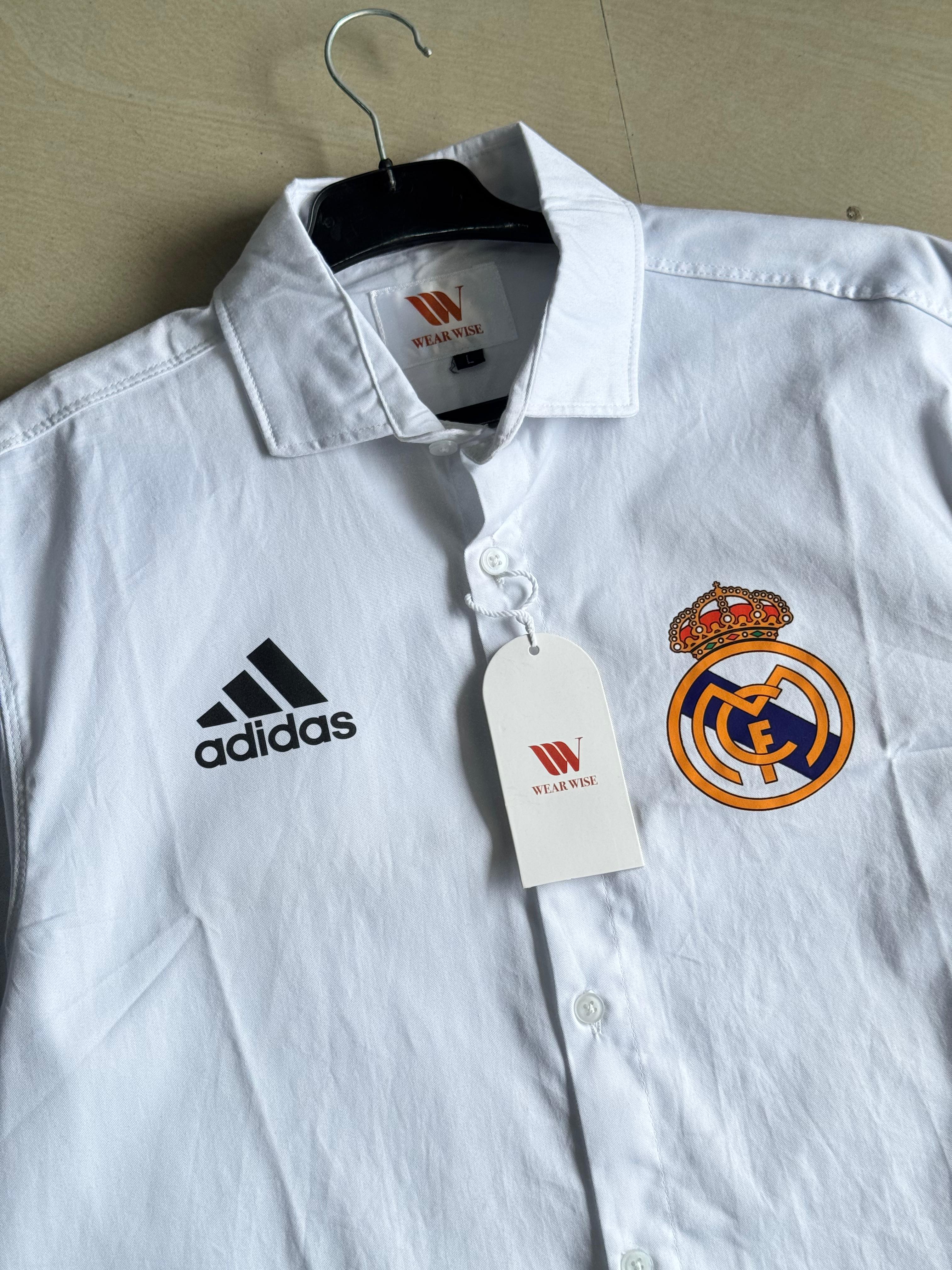 Real Madrid White Short Sleeve Button-Up Shirt with Adidas Logo