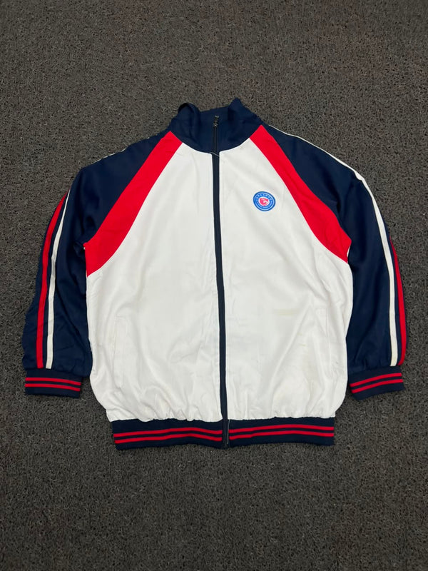 Vintage Colorblock Track Jacket – White/Navy/Red Zip-Up Sports Jacket ⚠️Small Stain