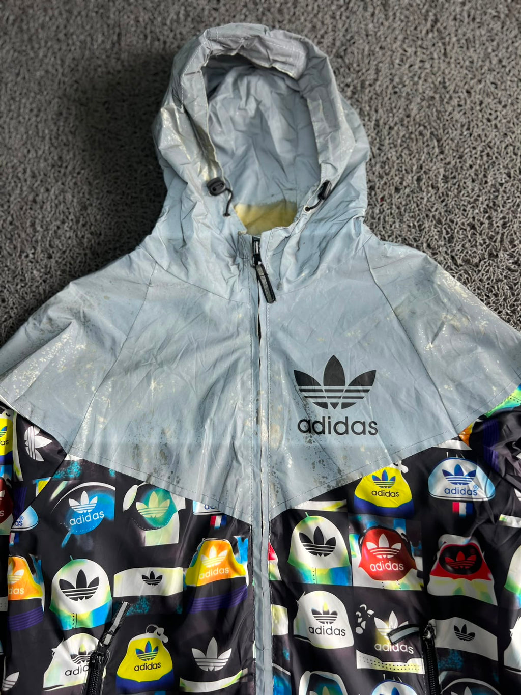 Adidas Allover Logo Print Hooded Jacket – ⚠️ Visible Stain