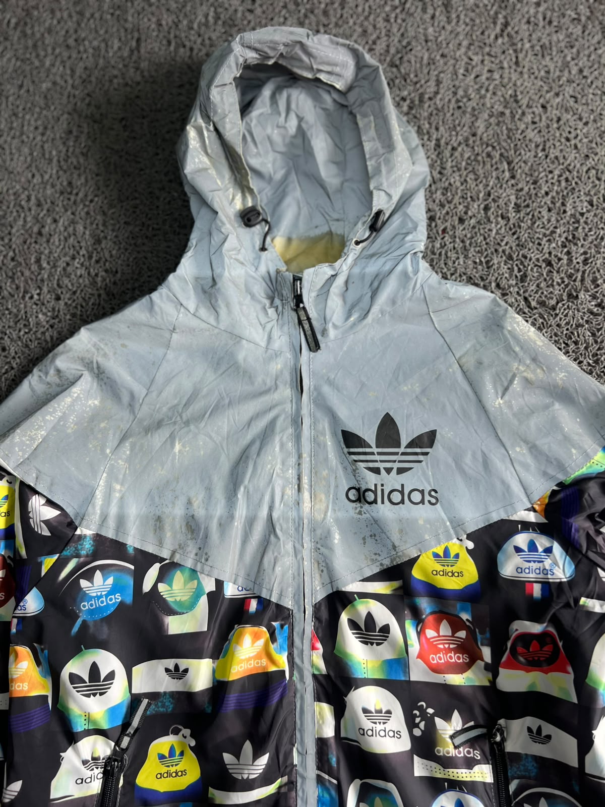 Adidas Allover Logo Print Hooded Jacket – ⚠️ Visible Stain