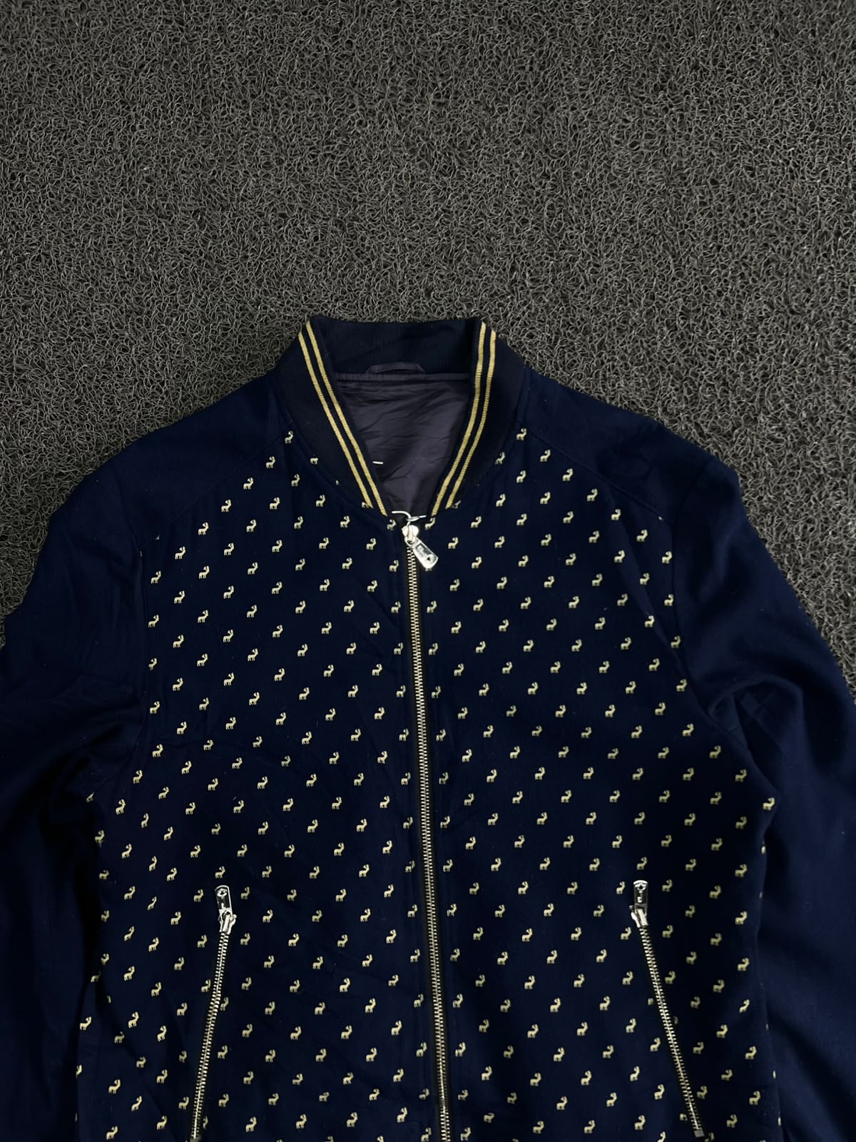 Navy Blue Patterned Bomber Jacket with Contrast Ribbed Trim