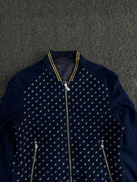 Navy Blue Patterned Bomber Jacket with Contrast Ribbed Trim