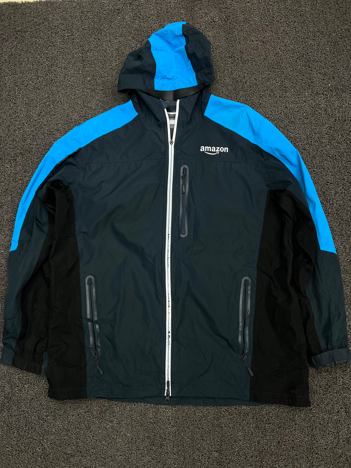 Amazon Black & Blue Hooded Outdoor Jacket ⚠️ Zip Damage