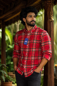 Barcode Red Plaid Flannel Button-Up Shirt – Red Checkered Casual Long Sleeve