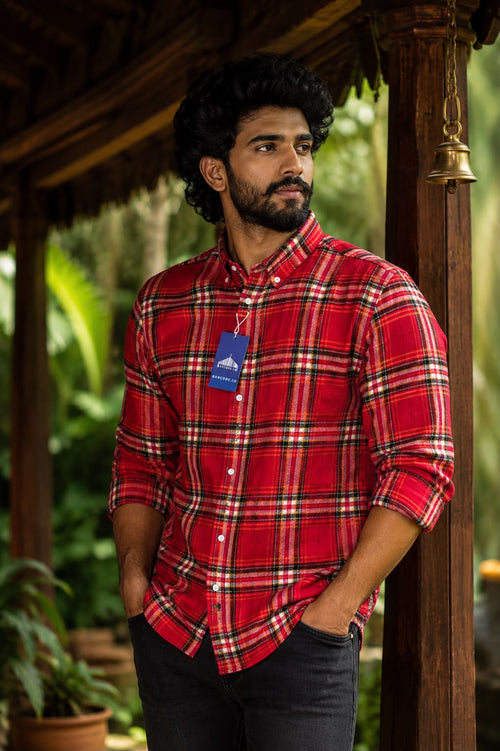 Barcode Red Plaid Flannel Button-Up Shirt – Red Checkered Casual Long Sleeve
