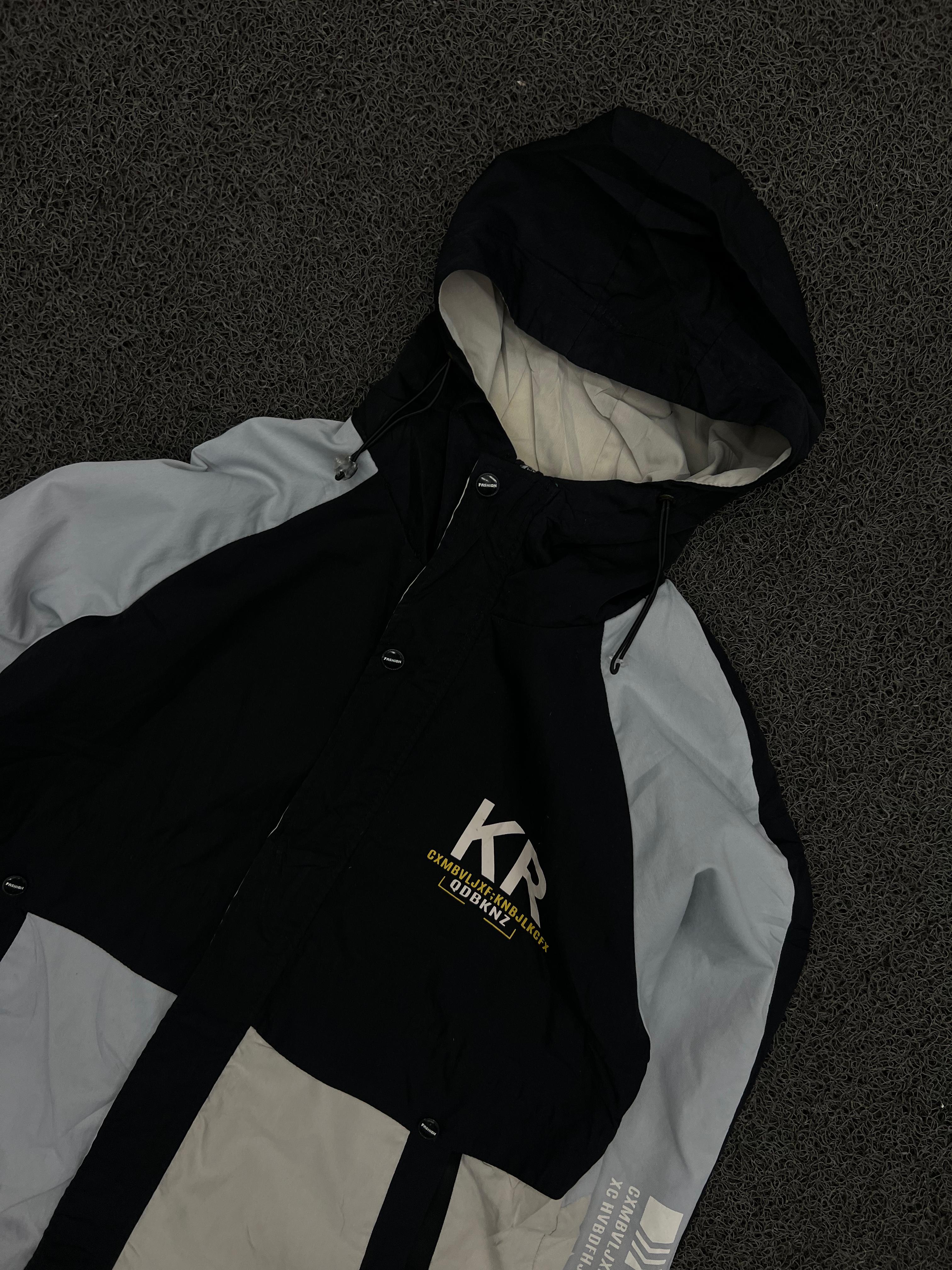 KR Color Block Hooded Windbreaker Jacket – Black & White Streetwear Lightweight Jacket
