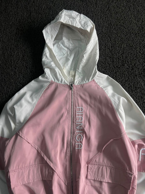 Pink & White Hooded Windbreaker Jacket – Lightweight Full-Zip Casual Outerwear