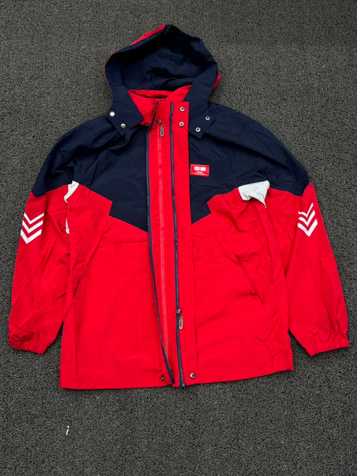 Red & Navy Hooded Windbreaker Jacket – Lightweight Zip-Up Outdoor Jacket⚠️ Small Damage