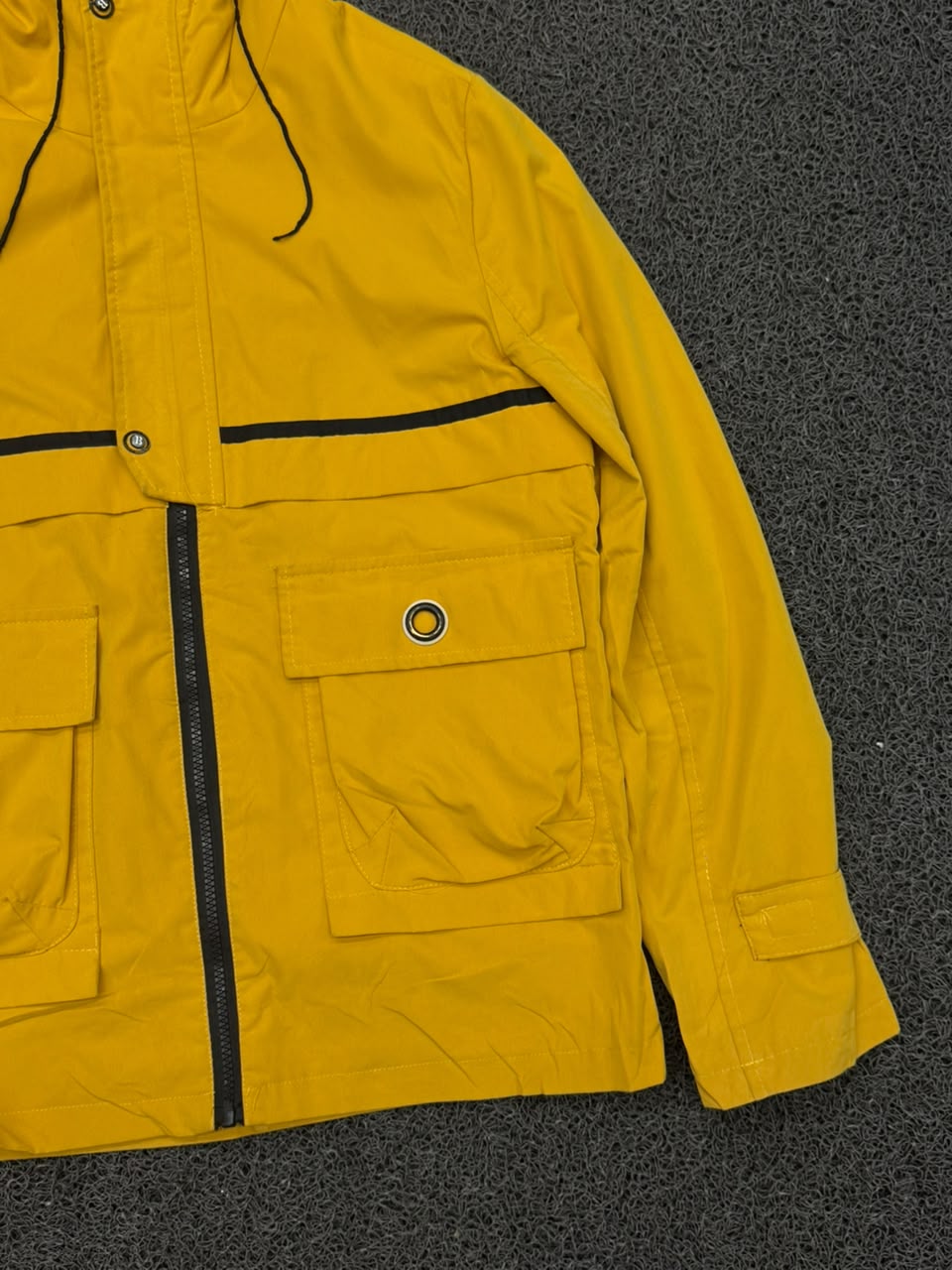 Men's Mustard Yellow Hooded Utility Windbreaker Jacket with Large Cargo Pockets