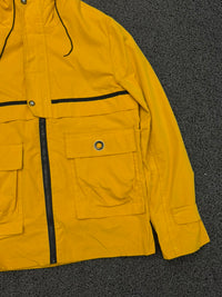 Men's Mustard Yellow Hooded Utility Windbreaker Jacket with Large Cargo Pockets