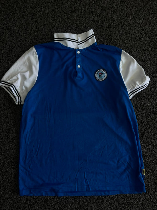 Vintage Blue & White Colorblock Polo T-Shirt with Striped Collar & Sleeve Cuffs