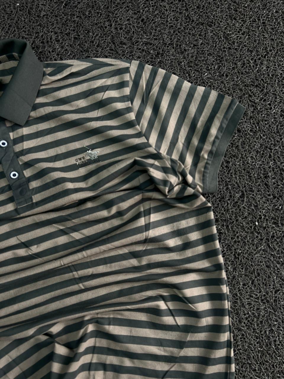 Men's Grey & Black Striped Polo T-Shirt – Regular Fit Casual Half Sleeve