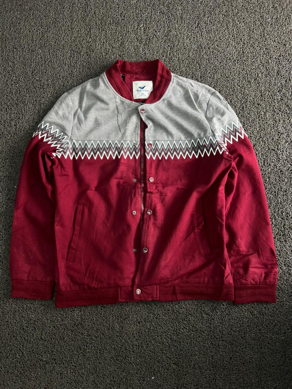 Men's Maroon & Grey Zigzag Pattern Casual Bomber Jacket – Snap Button Front