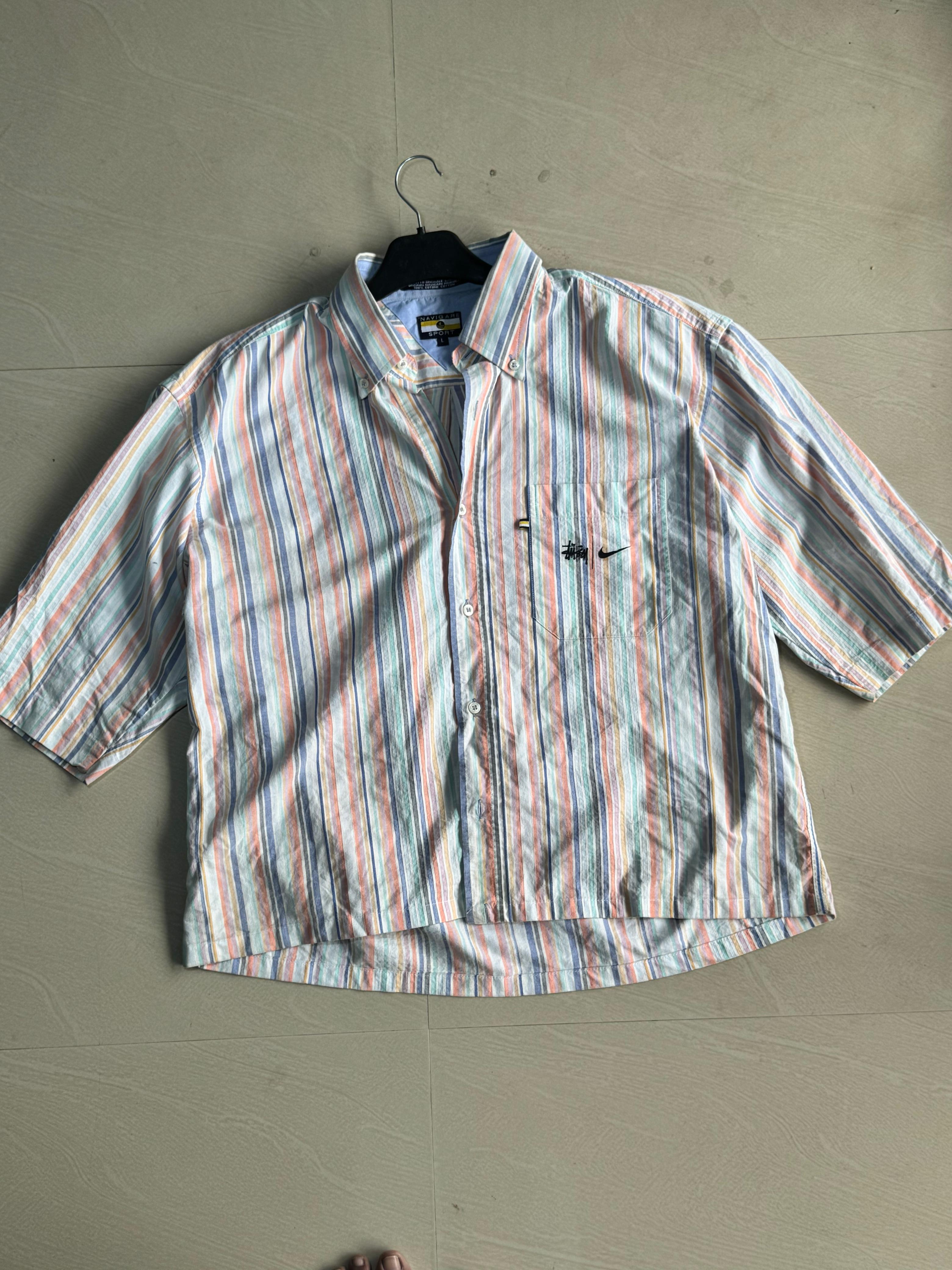 Oversized Boxy Pastel Striped Shirt – Harley Graphic Back Print( ⚠️2 Button Missing)