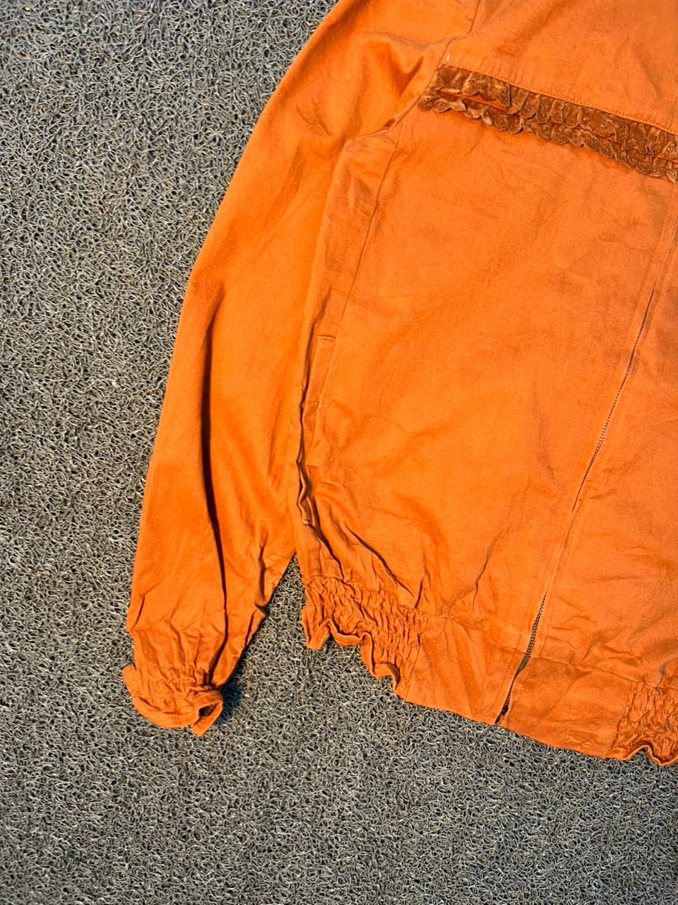 Orange High Neck Zip-Up Jacket with Frill Detail | Casual Lightweight Bomber