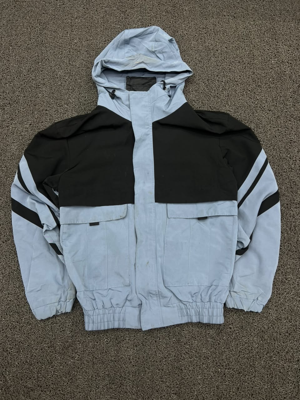 Color Block Hooded Utility Windbreaker Jacket – Light Blue & Black ⚠️ Minor Stains