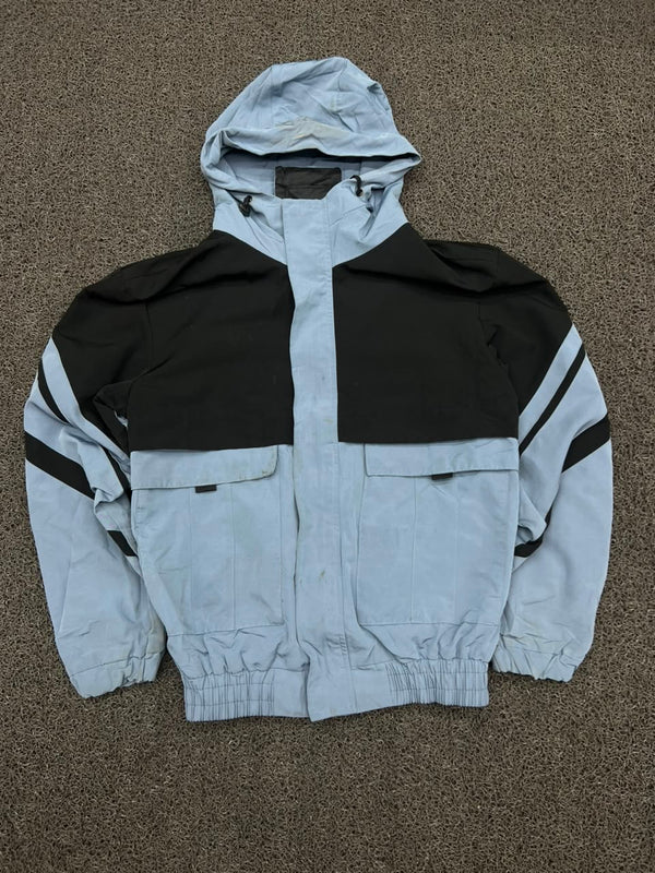 Color Block Hooded Utility Windbreaker Jacket – Light Blue & Black ⚠️ Minor Stains