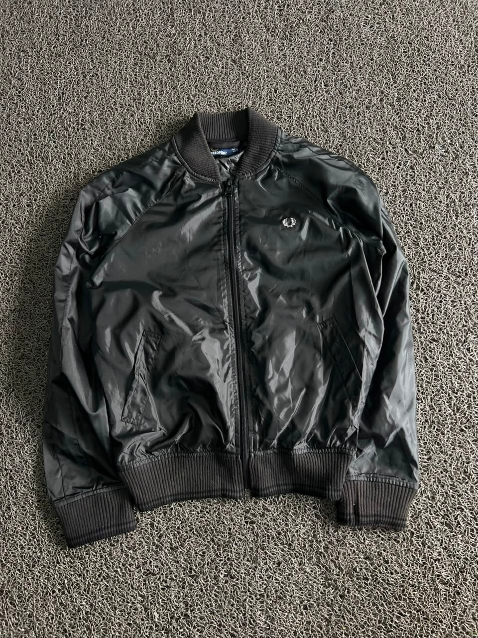 Fred Perry Black Gloss Bomber Jacket – Ribbed Collar Zip-Up Casual Jacket