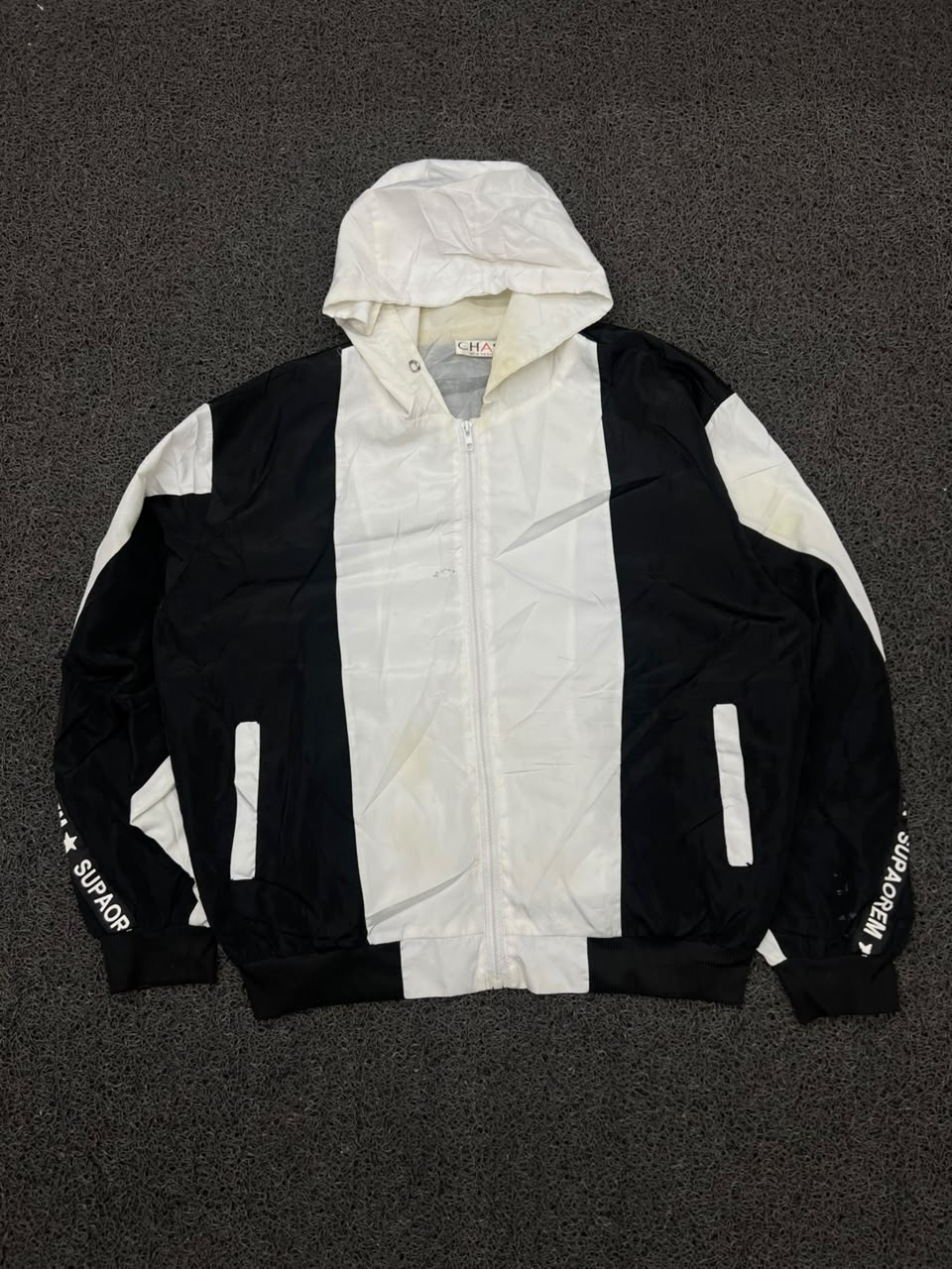 Vintage Black & White Hooded Windbreaker Jacket | Full Zip Lightweight Streetwear