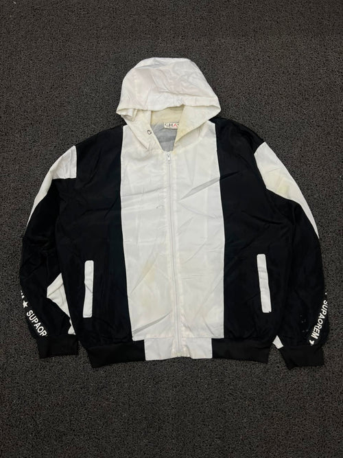 Vintage Black & White Hooded Windbreaker Jacket | Full Zip Lightweight Streetwear