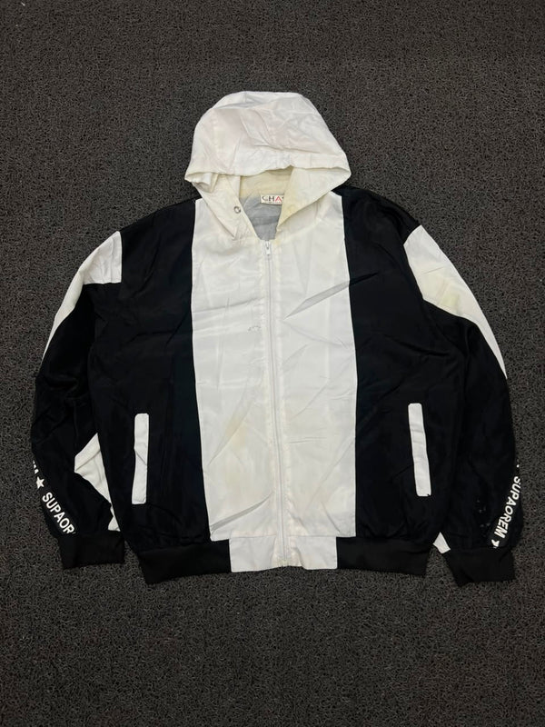 Vintage Black & White Hooded Windbreaker Jacket | Full Zip Lightweight Streetwear