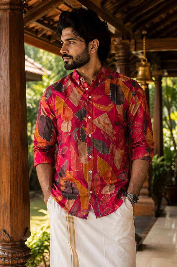 Abstract Leaf Print Long Sleeve Button-Up Shirt – Pink & Orange Vintage Style