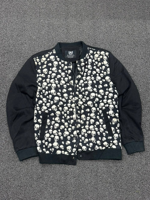 Black Skull Print Bomber Jacket | Gothic Streetwear Snap-Button Jacket ⚠️ No Zip