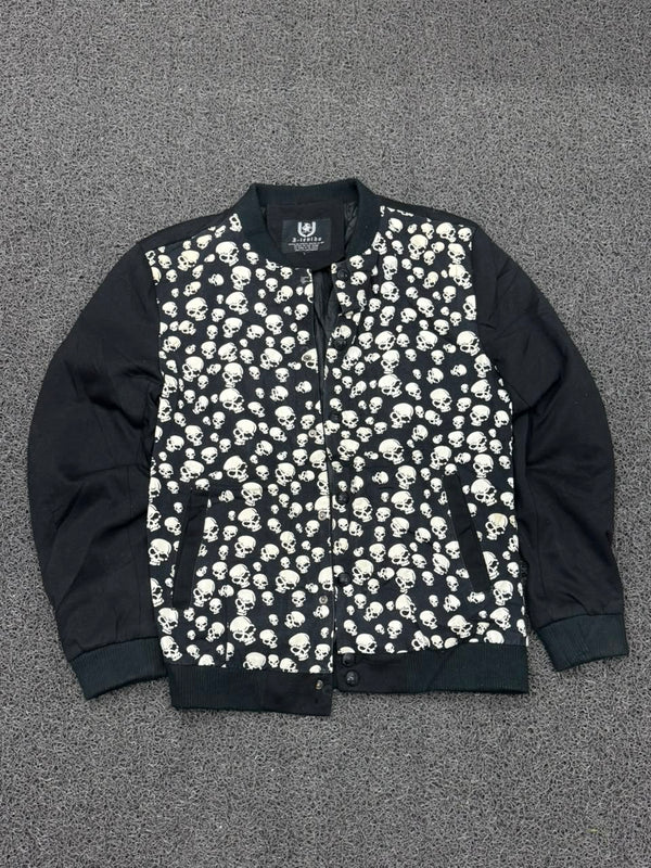 Black Skull Print Bomber Jacket | Gothic Streetwear Snap-Button Jacket ⚠️ No Zip